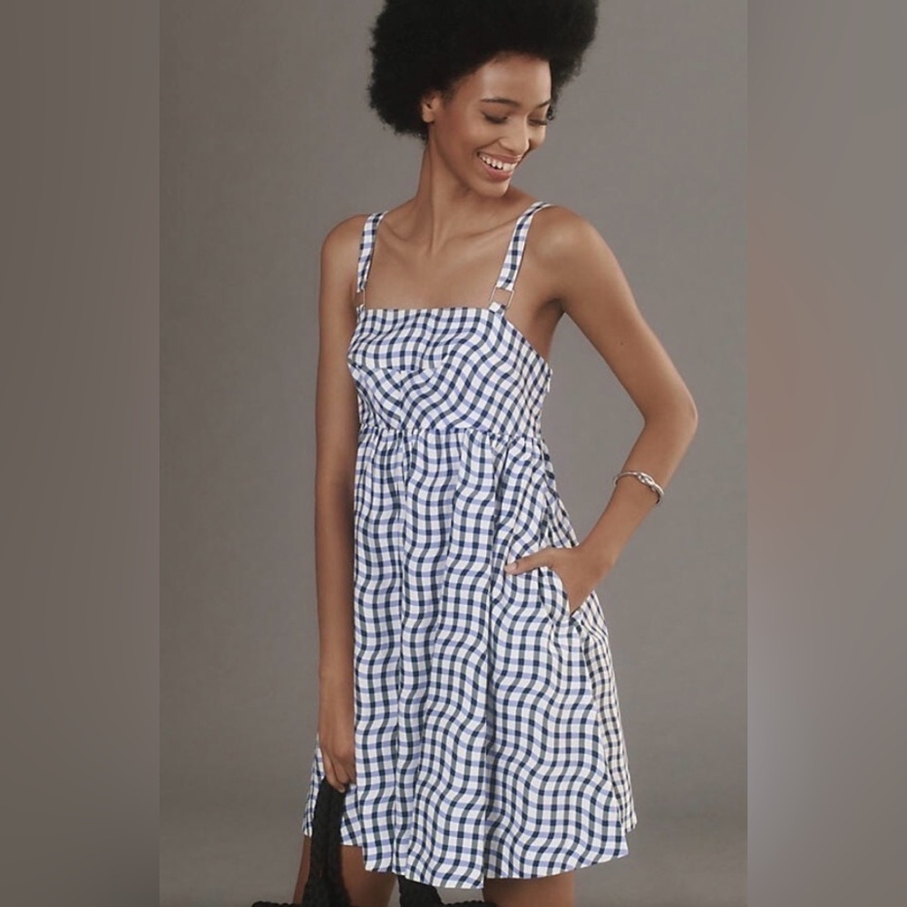 Maeve Anthropologie Sleeveless Babydoll Gingham Romper Blue Sz XLP - Picture 3 of 9